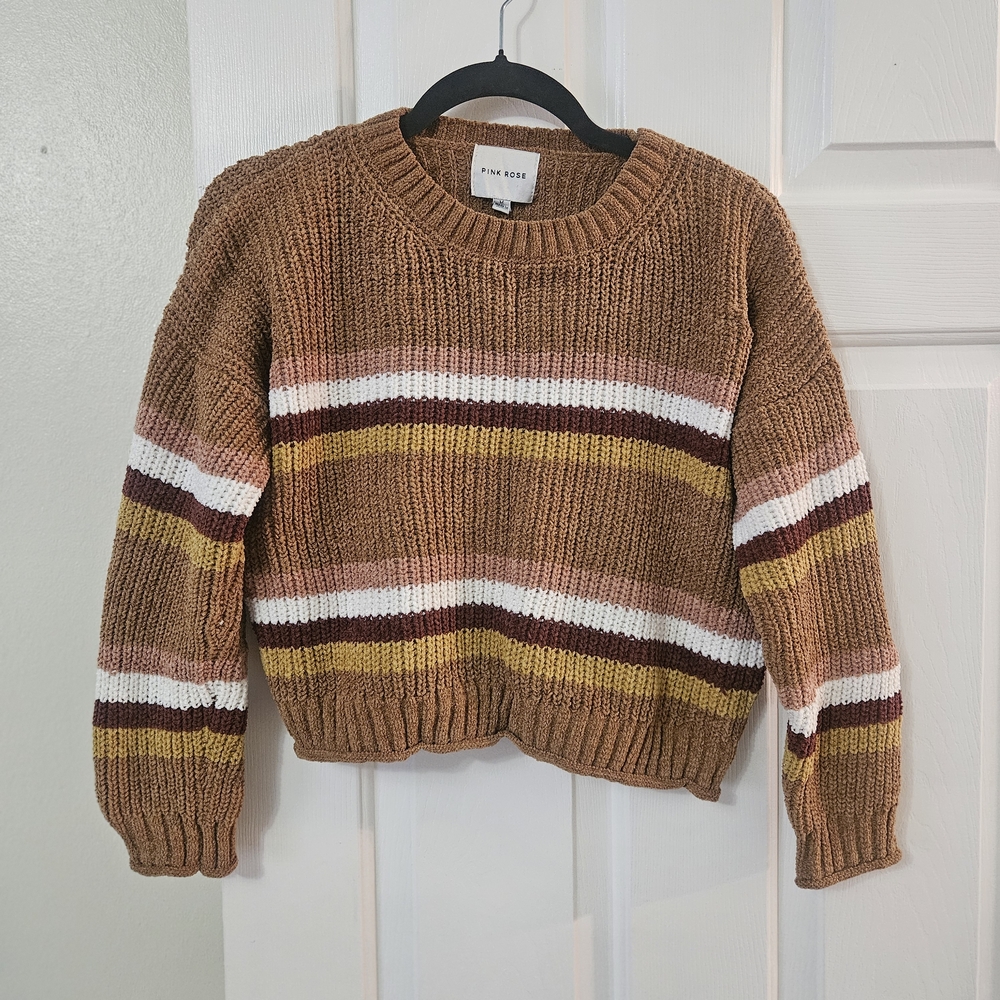 Pink Rose Brown Striped Crew Neck Sweater